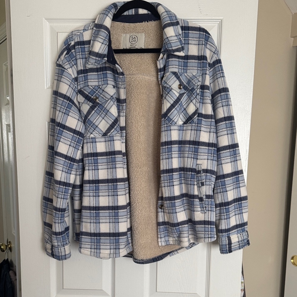 Sage Blue and White Plaid Button Down Flannel